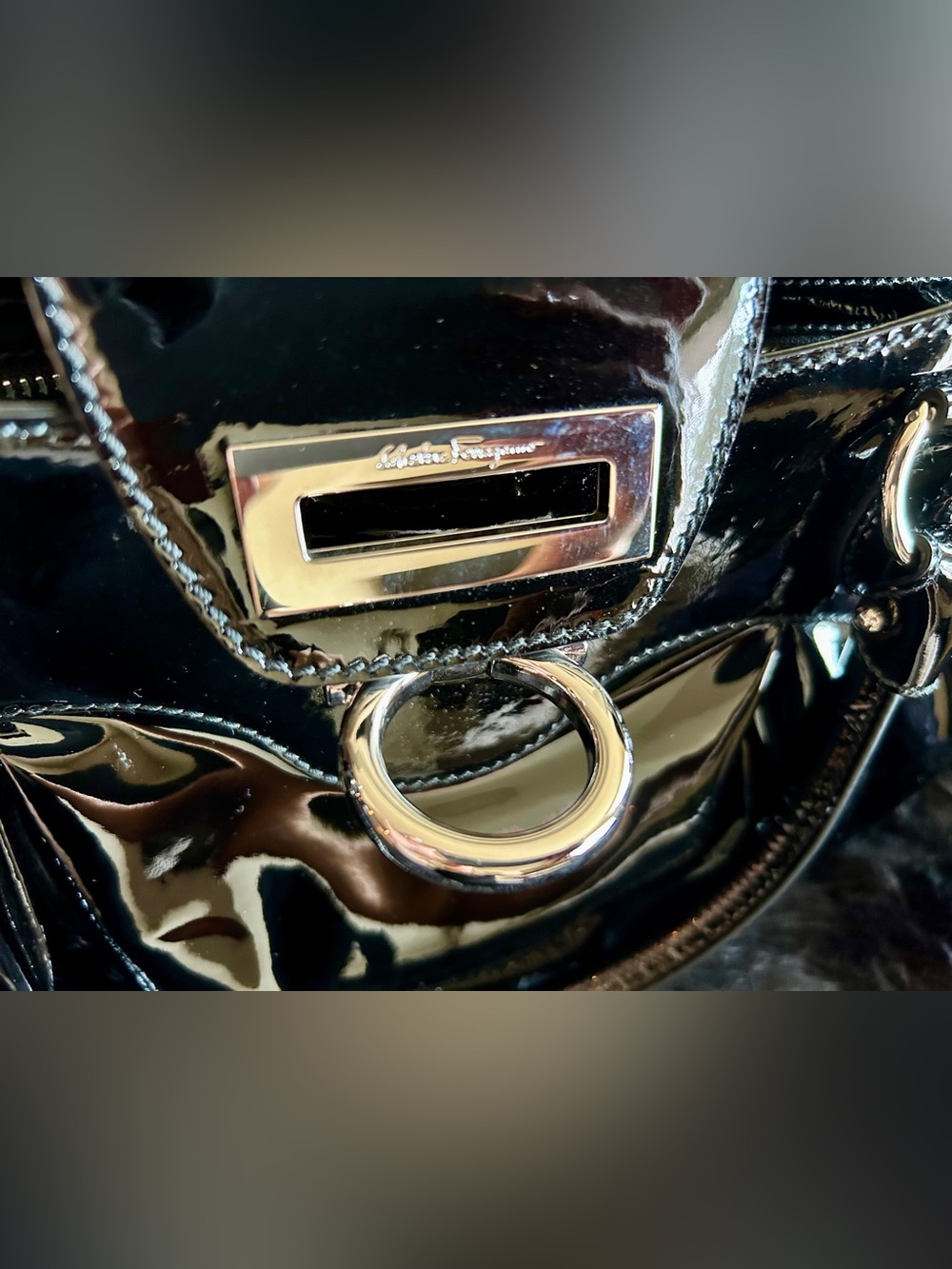 Vintage 2000s SALVATORE FERRAGAMO Marissa Gancini black patent leather bag,NEW - Picture 10 of 12